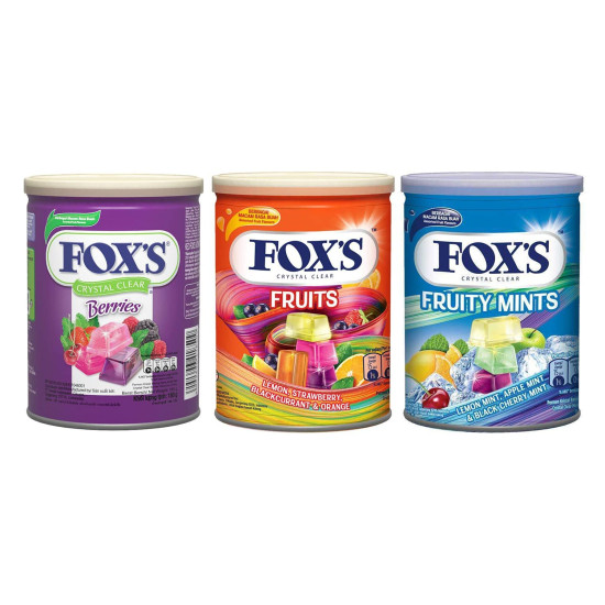 Fox's Crystal Clear Assorted Fruit Flavours 3 X 180g Berries,Fruit,Fruity Mints Tin Pack