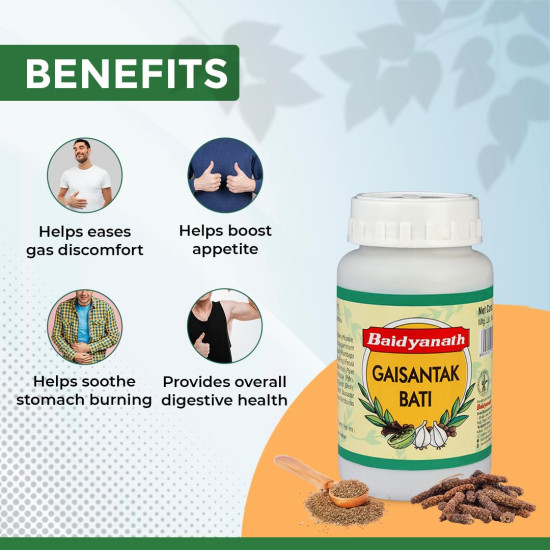 Baidyanath Gaisantak Bati, Reduces and neutralizes acid levels | Provide quick relief from common digestive problems like gas, hyperacidity, flatulence and bloating | (100 g)