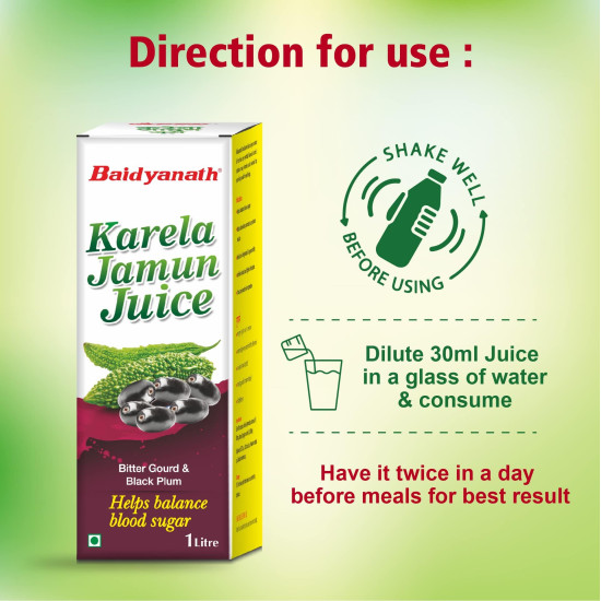 Baidyanath Karela Jamun Juice -1 Litre | Helps in high blood Sugar | Supports in Flusing out toxins from Body & keeps common infections away - Pack of 1