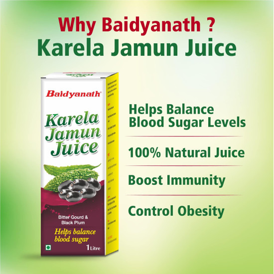 Baidyanath Karela Jamun Juice -1 Litre | Helps in high blood Sugar | Supports in Flusing out toxins from Body & keeps common infections away - Pack of 1