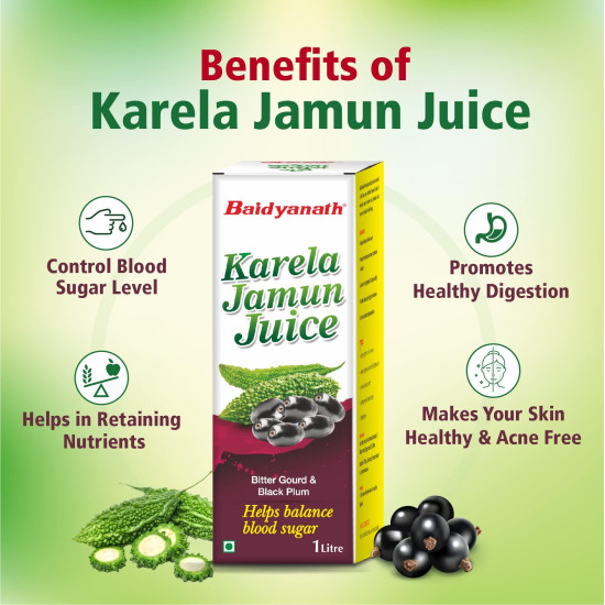 Baidyanath Karela Jamun Juice -1 Litre | Helps in high blood Sugar | Supports in Flusing out toxins from Body & keeps common infections away - Pack of 1