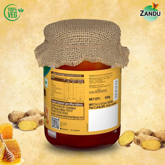 Zandu Pure Honey with Ginger: Specially Formulated to Meet Holistic Wellness Needs | Offers Relief from Cough and Cold | Helps Boost Immunity & Supports Digestive Health (Pack of 650 g)