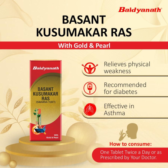 Baidyanath Basant Kusumakar Ras with Gold And Pearl (100 Tablets)| Help Urinary System, Boost Immunity and Help to Maintain Blood Sugar level (Pack of 1)