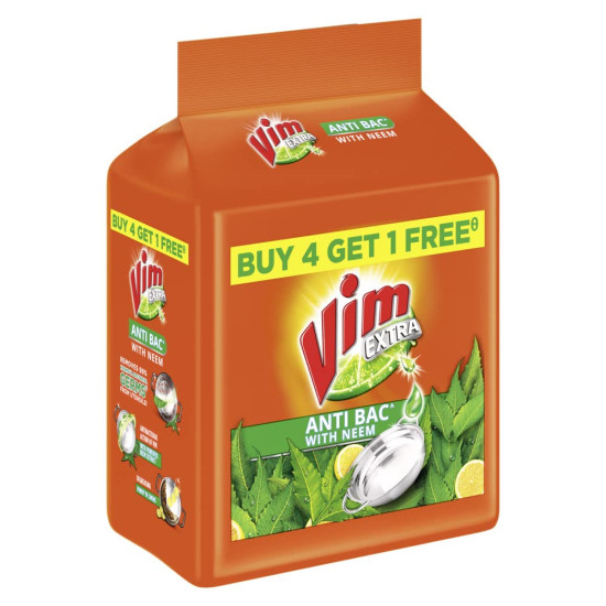 Vim Extra Anti Bacterial Dishwash Bar - 200g Neem | Buy 4 + 1 Free