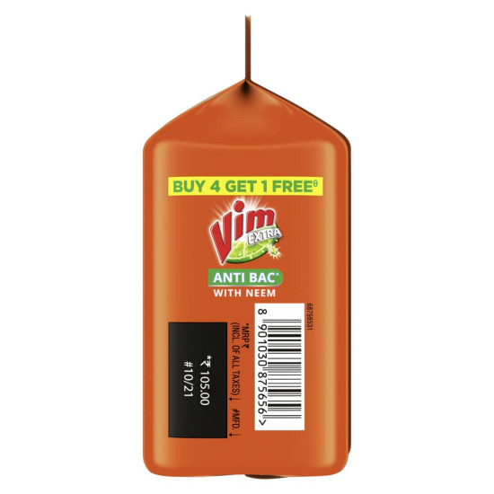 Vim Extra Anti Bacterial Dishwash Bar - 200g Neem | Buy 4 + 1 Free