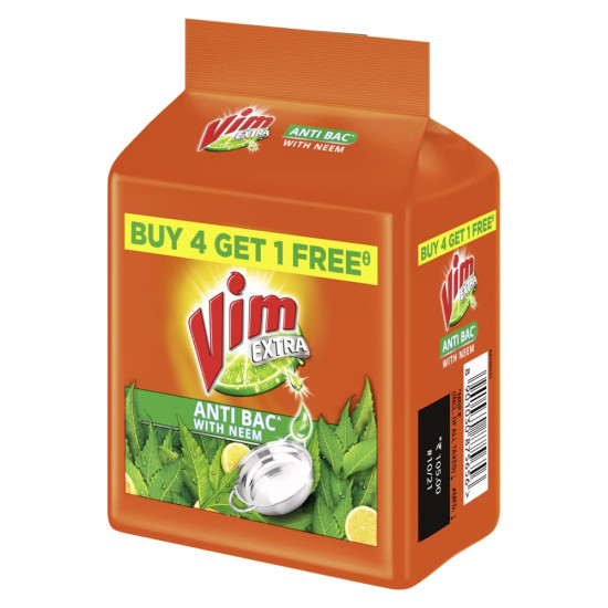 Vim Extra Anti Bacterial Dishwash Bar - 200g Neem | Buy 4 + 1 Free