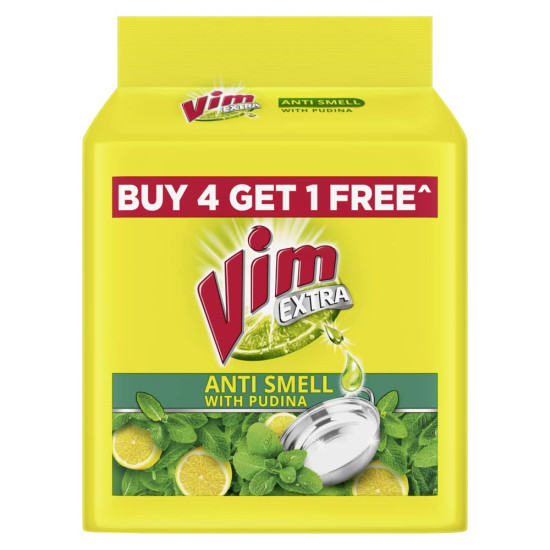 Vim Extra Anti Smell Dishwash Bar - 200g (Pudina, Buy 4 + 1 Free) - Germ Protection