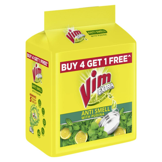 Vim Extra Anti Smell Dishwash Bar - 200g (Pudina, Buy 4 + 1 Free) - Germ Protection