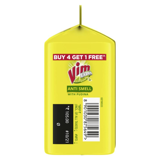 Vim Extra Anti Smell Dishwash Bar - 200g (Pudina, Buy 4 + 1 Free) - Germ Protection