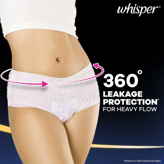 Whisper Super Absorbent Period Panty, 6 M-L Pants, 360 Degree Leakage Protection for Heavy Flow, Panty like Fit for Full back Coverage, Absorbs Heavy Gushes, Silky Soft, Comfortable Feel