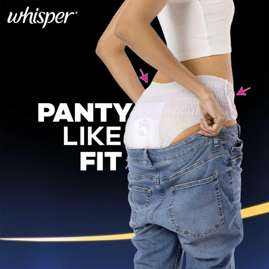Whisper Super Absorbent Period Panty, 6 M-L Pants, 360 Degree Leakage Protection for Heavy Flow, Panty like Fit for Full back Coverage, Absorbs Heavy Gushes, Silky Soft, Comfortable Feel