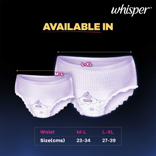 Whisper Super Absorbent Period Panty, 6 M-L Pants, 360 Degree Leakage Protection for Heavy Flow, Panty like Fit for Full back Coverage, Absorbs Heavy Gushes, Silky Soft, Comfortable Feel