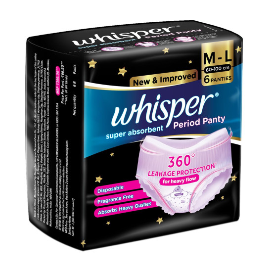 Whisper Super Absorbent Period Panty, 6 M-L Pants, 360 Degree Leakage Protection for Heavy Flow, Panty like Fit for Full back Coverage, Absorbs Heavy Gushes, Silky Soft, Comfortable Feel