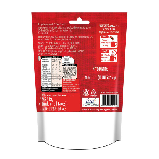 Nescafé All In One Powder Coffee Sharebag, 160G (Pack of 10 Sachets) - Convenient Instant Coffee