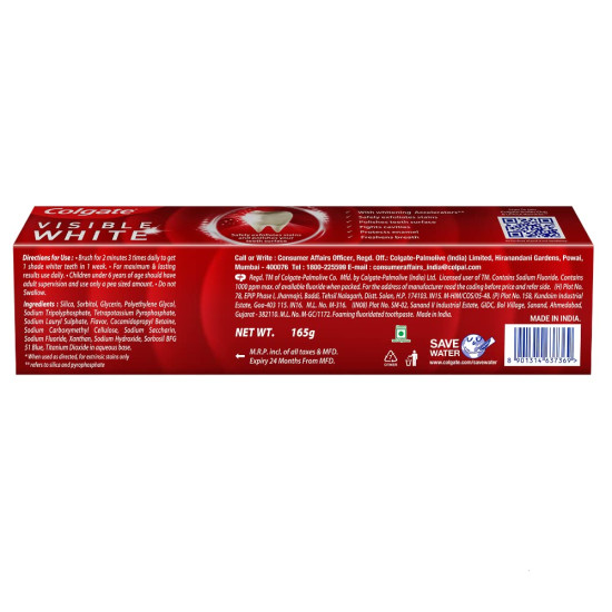 Colgate Visible White 165g Toothpaste - Teeth Whitening & Enamel Protection