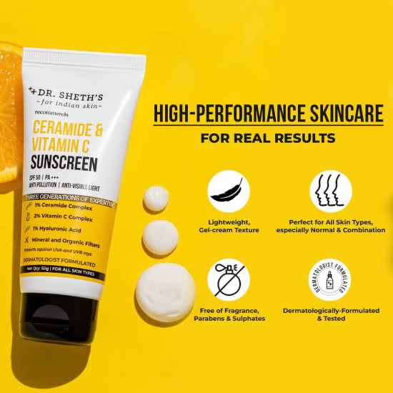 Dr. Sheth's Ceramide & Vitamin C Sunscreen SPF 50+ PA+++ - Ultimate UV Protection