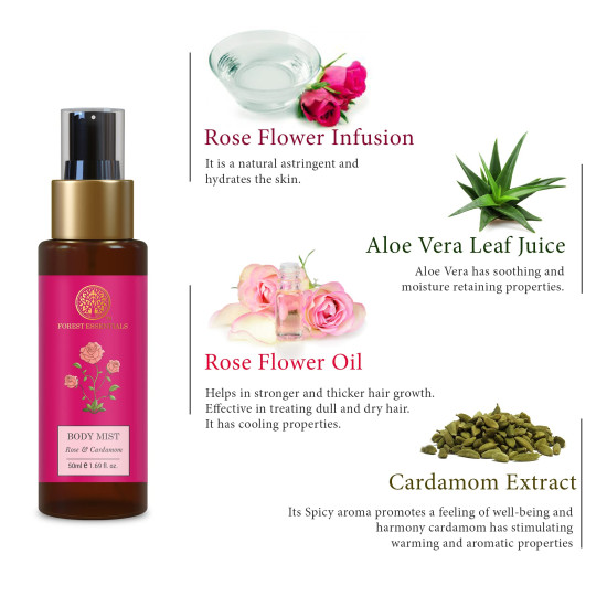 Forest Essentials Travel Size Body Mist Rose & Cardamom - Natural & Hydrating Spray