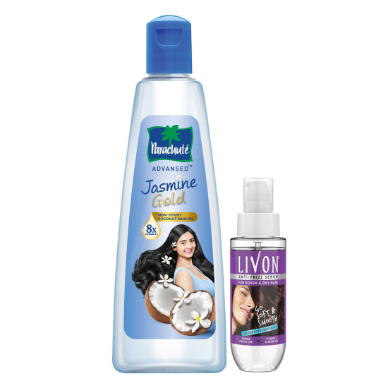 Parachute Advansed Jasmine Gold Non-Sticky Coconut Hair Oil & Livon Hair Serum - 24-hour Frizz-Free Smoothness