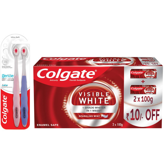Colgate Gentle UltraFoam Toothbrush & Visible White Toothpaste - Ultra Soft Bristles & Whitening