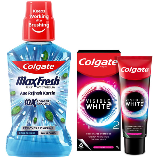 Colgate Plax Pepper Mint Mouthwash & Visible White O2 Toothpaste - Fresh Breath & Teeth Whitening