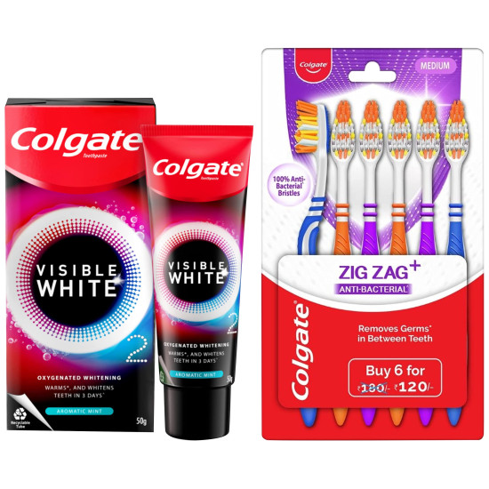 Colgate Visible White O2 Toothpaste & ZigZag Toothbrush - Revolutionary Whitening & Superior Germ Protection