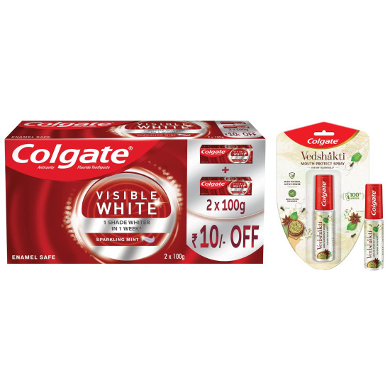 Colgate Visible White Teeth Whitening Toothpaste & Vedshakti Mouth Protect Spray - Dual Oral Care Pack