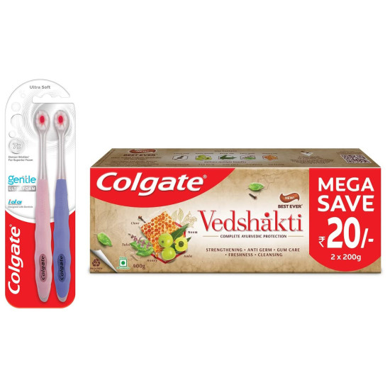 Colgate Gentle UltraFoam Toothbrush & Swarna Vedshakti Toothpaste - Ultra Soft & Ayurvedic Protection