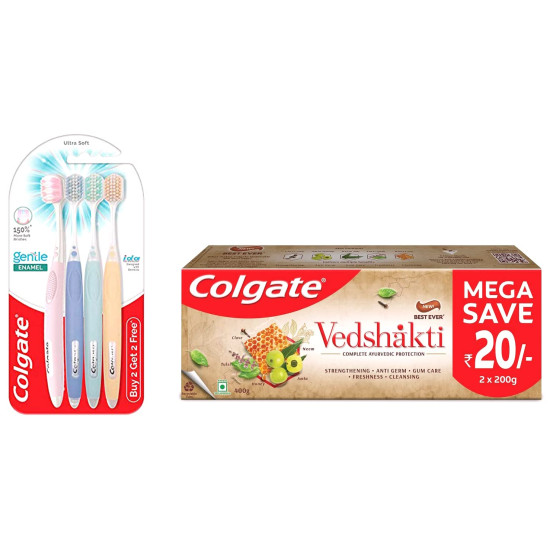 Colgate Gentle Enamel Ultra Soft Toothbrush & Swarna Vedshakti Ayurvedic Toothpaste - Comprehensive Oral Care