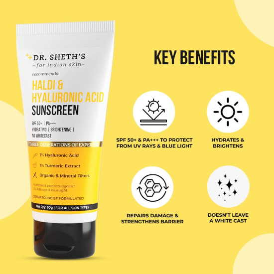 Dr. Sheth's Haldi & Hyaluronic Acid Sunscreen - Hydrating & Brightening SPF 50+