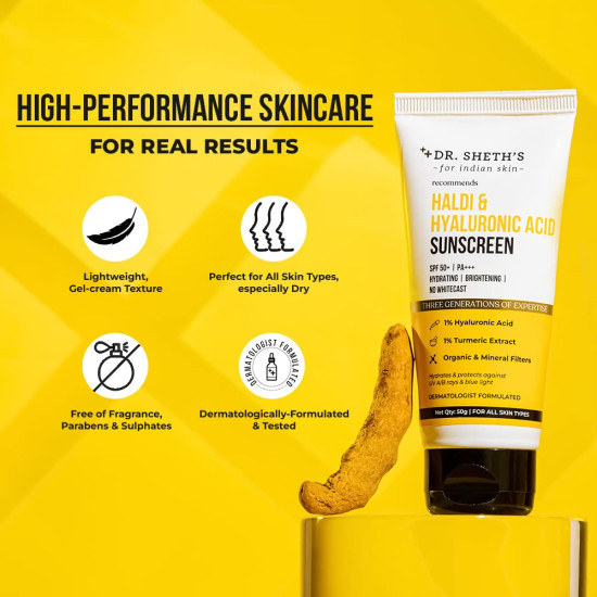 Dr. Sheth's Haldi & Hyaluronic Acid Sunscreen - Hydrating & Brightening SPF 50+