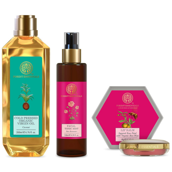 Forest Essentials Skincare Set - Pure Rosewater, Virgin Coconut Oil & Sugared Rose Petal Lip Balm