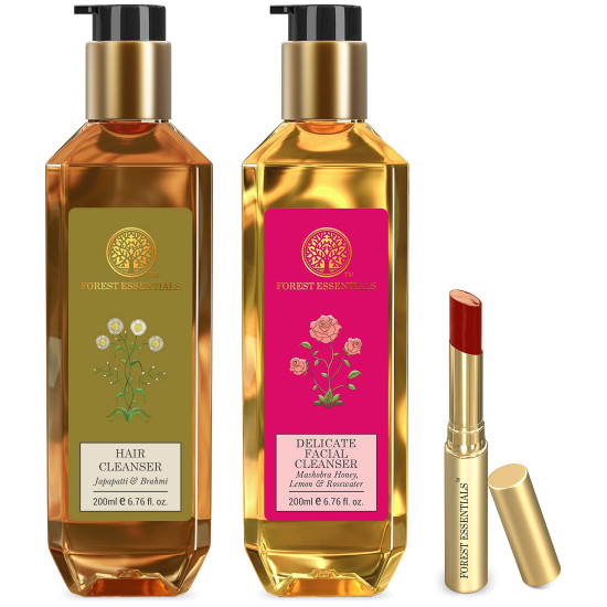 Forest Essentials Facial Cleanser, Lip Serum & Hair Cleanser - Natural Skincare Trio