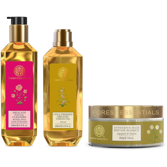 Forest Essentials Organic Cold Pressed Virgin Oil Almond & Facial Cleanser & Hair Repair Masque - Ayurvedic Nourishment