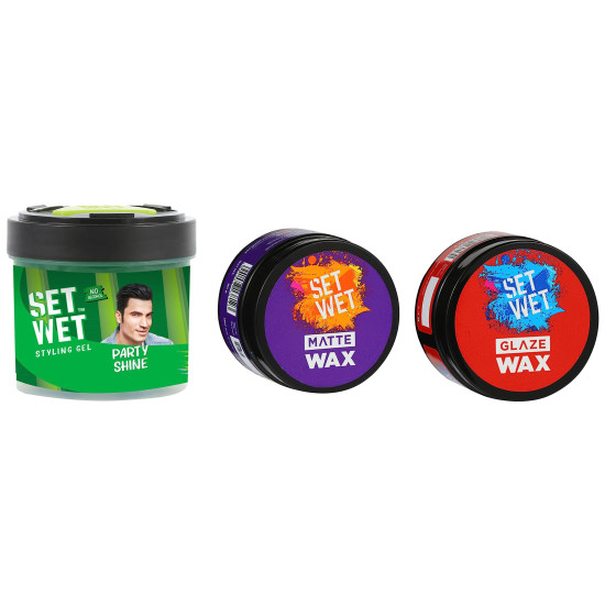 Set Wet Styling Hair Products - Matte Wax, Glaze Wax & Vertical Hold Gel for Men