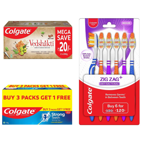 Colgate Swarna Vedshakti & Strong Teeth Toothpaste with ZigZag Toothbrush - Ayurvedic Cavity Protection