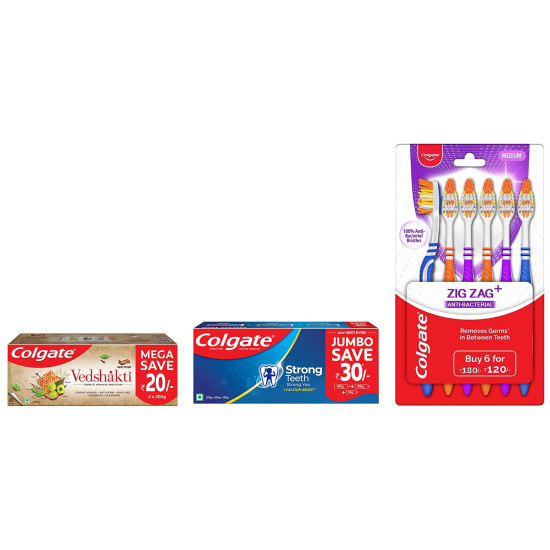 Colgate Strong Teeth & Ayurvedic Toothpaste with ZigZag Toothbrush - Ultimate Cavity Protection