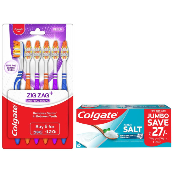 Colgate Active Salt Toothpaste & ZigZag Toothbrush - Germ Fighting & Antibacterial Bristles