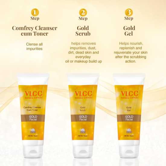 VLCC Gold Facial Kit with FREE Rose Water Toner - Instant Glow & Skin Regeneration