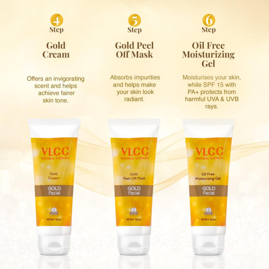 VLCC Gold Facial Kit with FREE Rose Water Toner - Instant Glow & Skin Regeneration