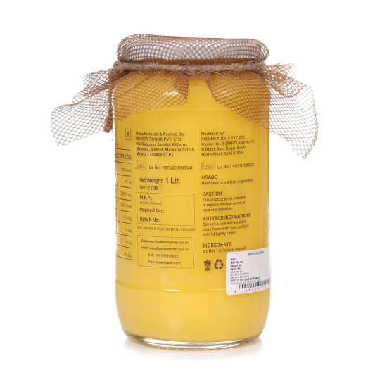 ROSIER A2 Gir Cow Ghee (1 litre) | Traditional Bilona Method A2 Gir Cow Ghee | Grassfed, Pure and Healthy Desi Cow Ghee (Glass Bottle - 1000 ML)