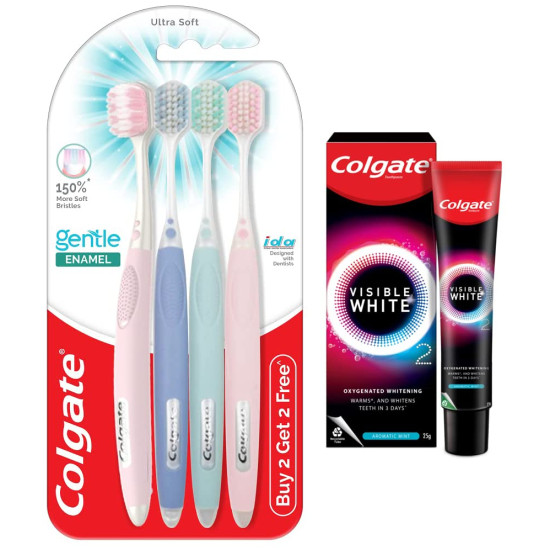Colgate Gentle Enamel Toothbrush & Visible White O2 Toothpaste - Ultra Soft Bristles & Teeth Whitening