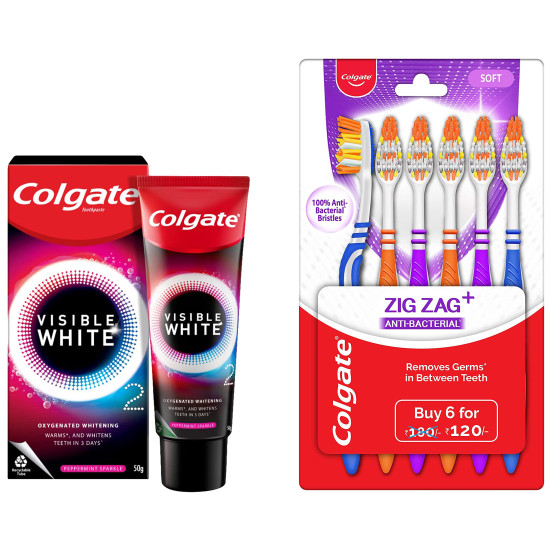 Colgate Visible White O2 Toothpaste & ZigZag Anti-Bacterial Toothbrush - Ultimate Oral Care Combo