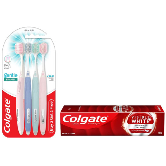 Colgate Gentle Enamel Toothbrush & Visible White Toothpaste - Gentle Clean & Whitening