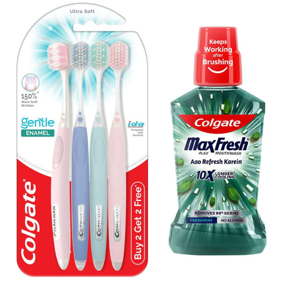 Colgate Gentle Enamel Toothbrush & Plax Mouthwash - Ultra Soft & Antibacterial