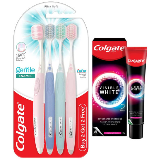 Colgate Gentle Enamel Toothbrush & Visible White O2 Toothpaste - Gentle Cleaning & Whitening