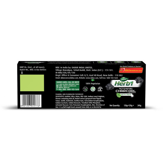 DABUR Herb'L Activated Charcoal Toothpaste - Whitening & Plaque Fighting