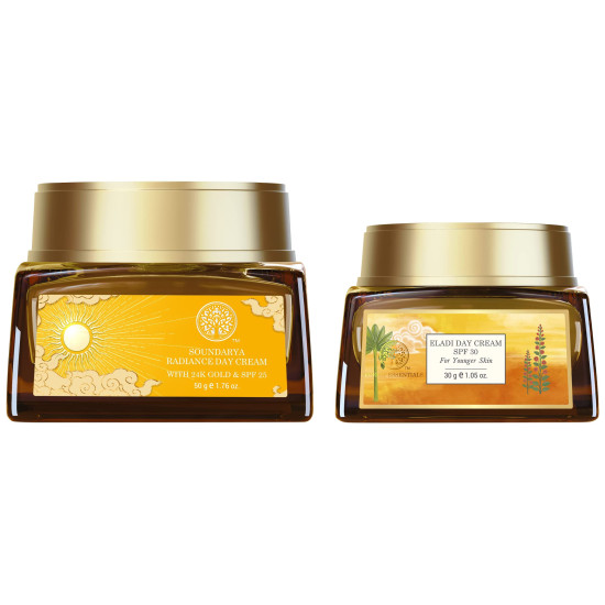 Forest Essentials Soundarya Radiance Cream & Eladi Day Cream - Luxurious Skincare with 24K Gold & SPF
