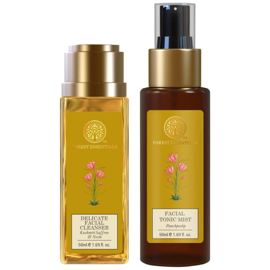Forest Essentials Facial Tonic Mist Panchpushp & Delicate Facial Cleanser Kashmiri Saffron & Neem - Natural Skincare Forest Essentials Facial Tonic Mist Panchpushp & Delicate Facial Cleanser Kashmiri Saffron & Neem - Natural Skincare