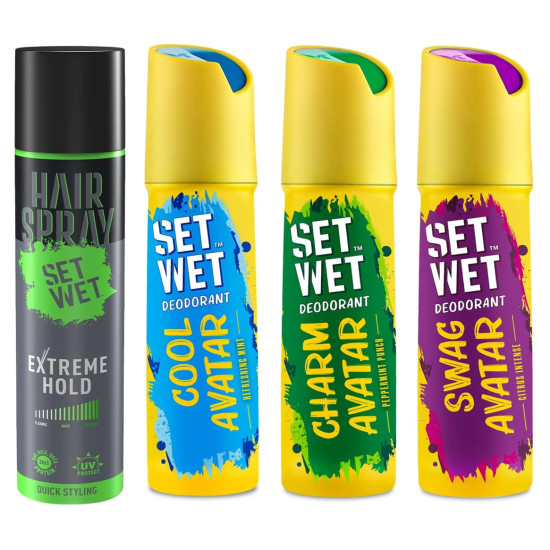 Set Wet Deodorant Spray & Hair Spray for Men - Cool, Charm & Swag Avatars with Extreme Hold
