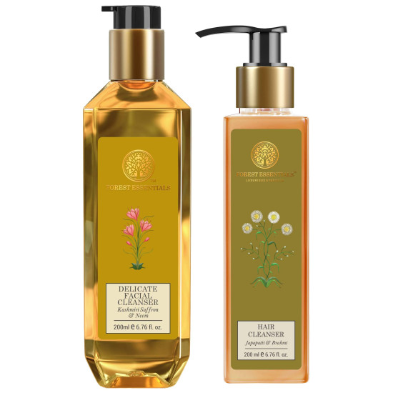 Forest Essentials Hair Cleanser Japapatti & Brahmi and Delicate Facial Cleanser Kashmiri Saffron & Neem - Luxurious Natural Care